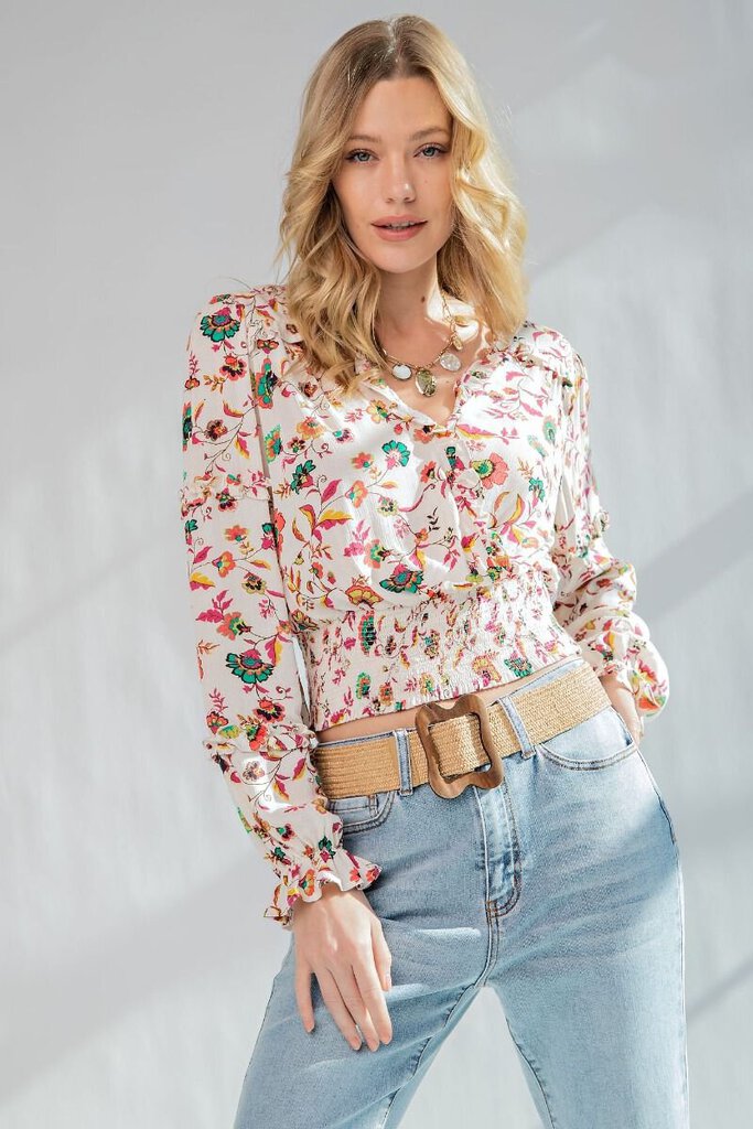 EASEL Cream Long Sleeve Mixed Floral Print Long Sleeve Top