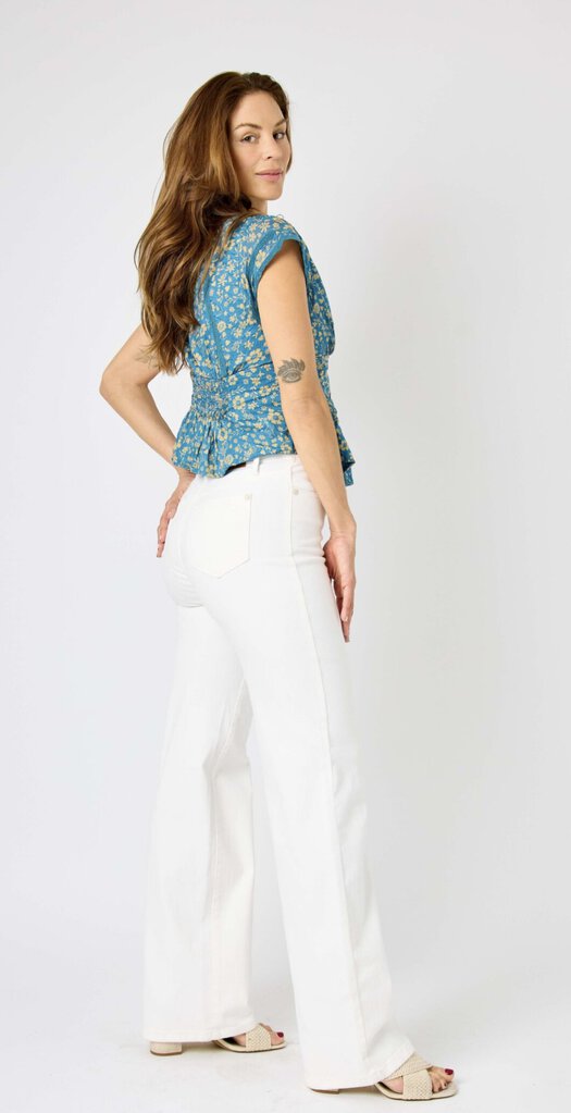 JUDY BLUE White High Rise Braided Waistband Detail Wide Leg Jean