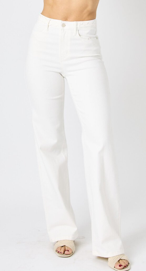 JUDY BLUE White High Rise Braided Waistband Detail Wide Leg Jean