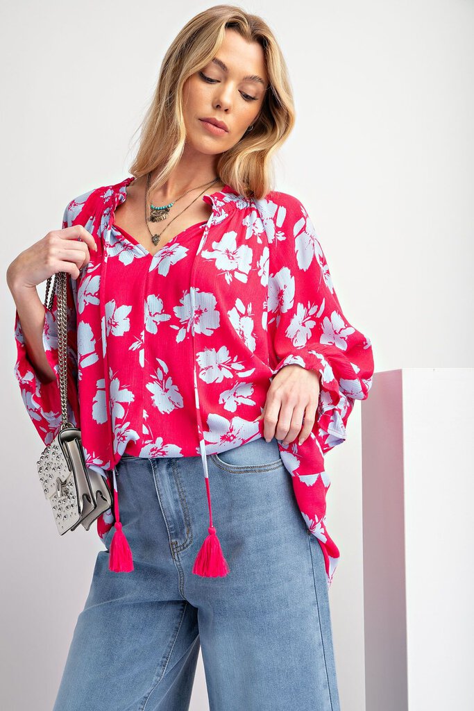 EASEL Pink and Blue Floral Long Sleeve Top