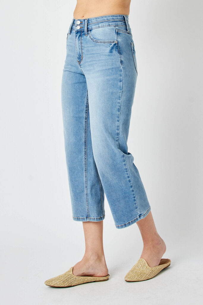 JUDY BLUE HIGH WAIST DOUBLE WAISTBAND CROP WIDE LEG JEAN