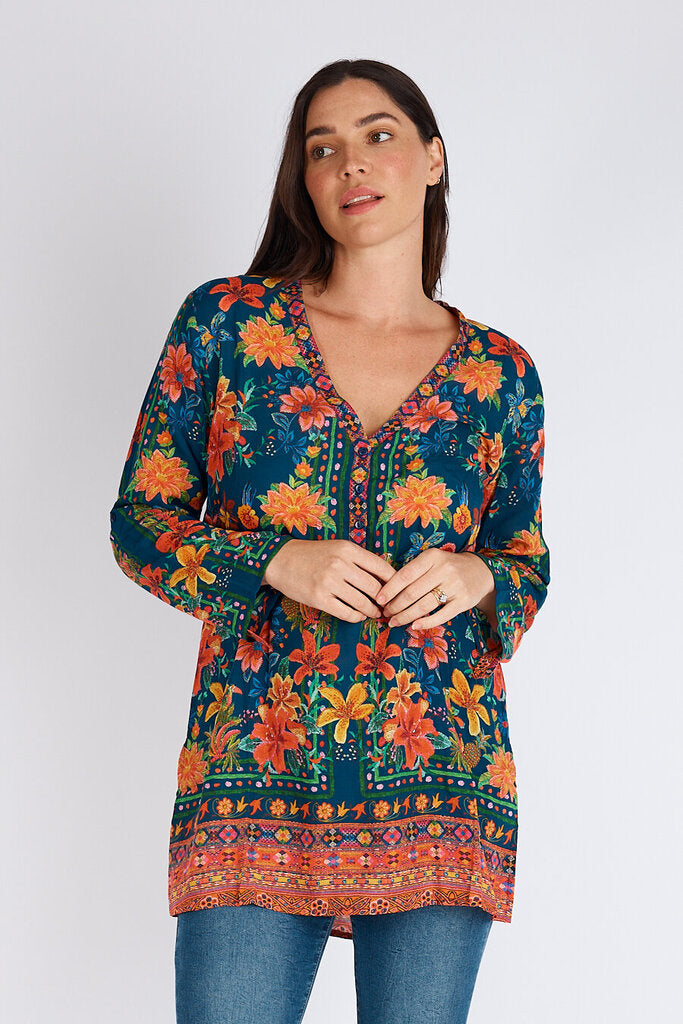 LULA SOUL Navy and Mixed Floral Long Sleeve Tunic Top