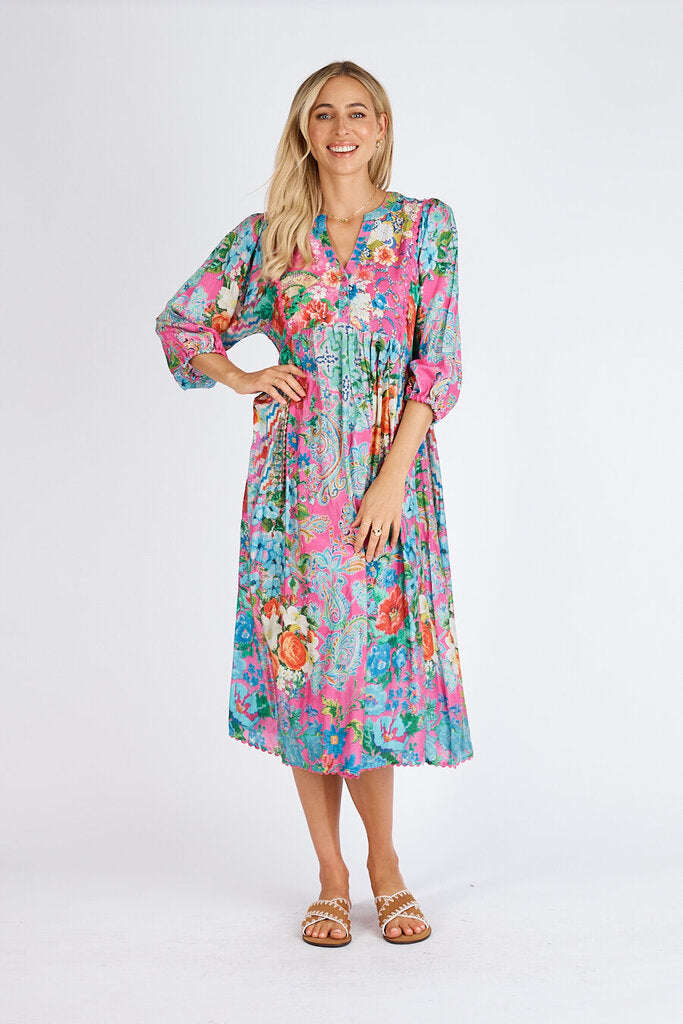 LULA LIFE Aqua and Multi Floral Paisley Mid Sleeve Dress