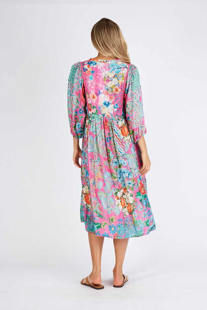 LULA LIFE Aqua and Multi Floral Paisley Mid Sleeve Dress