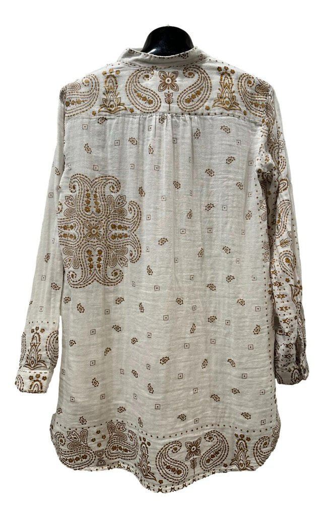 DOLMA White and Gold Paisley Long Sleeve V-neck Cotton Top