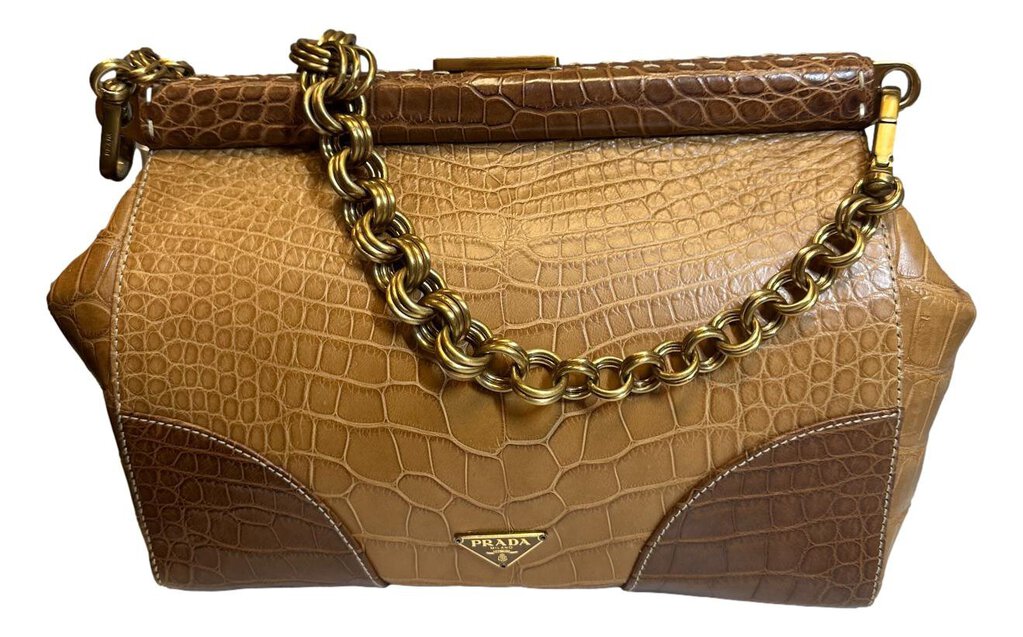 PRADA Tan and Brown Crock Print Vintage Shoulder Bag