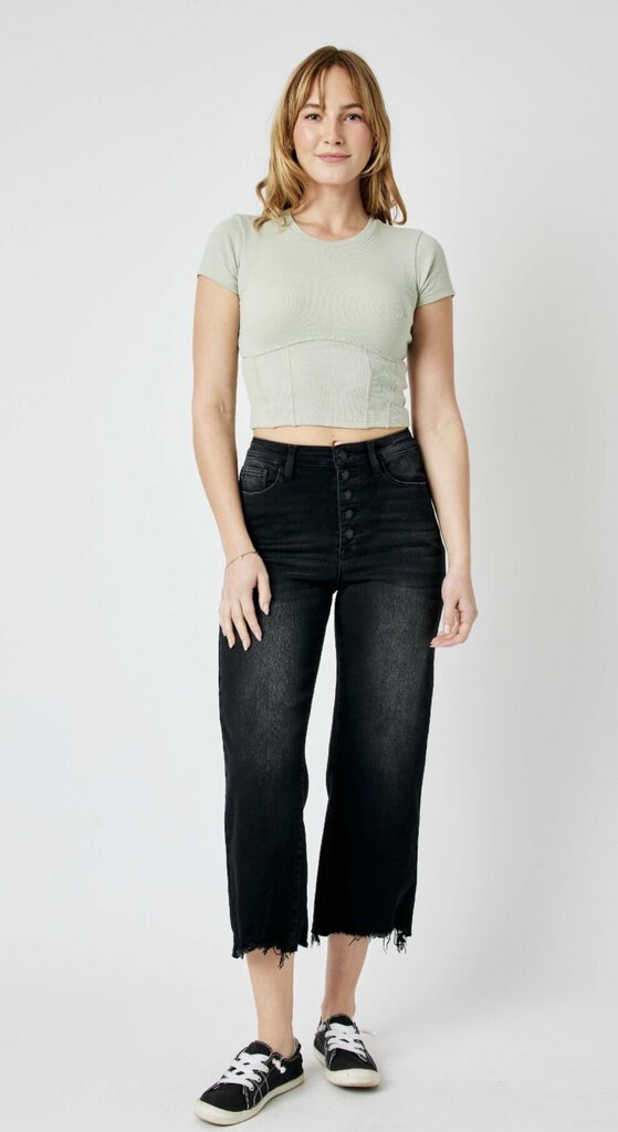 JUDY BLUE Black High Waist Button Fly Distressed Raw Hem Crop Jean