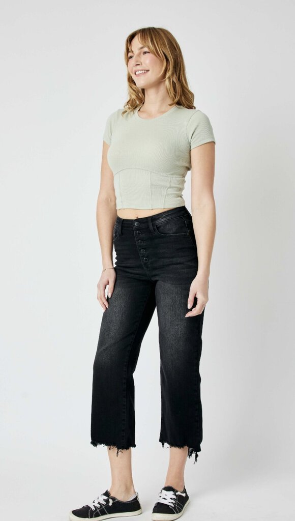 JUDY BLUE Black High Waist Button Fly Distressed Raw Hem Crop Jean