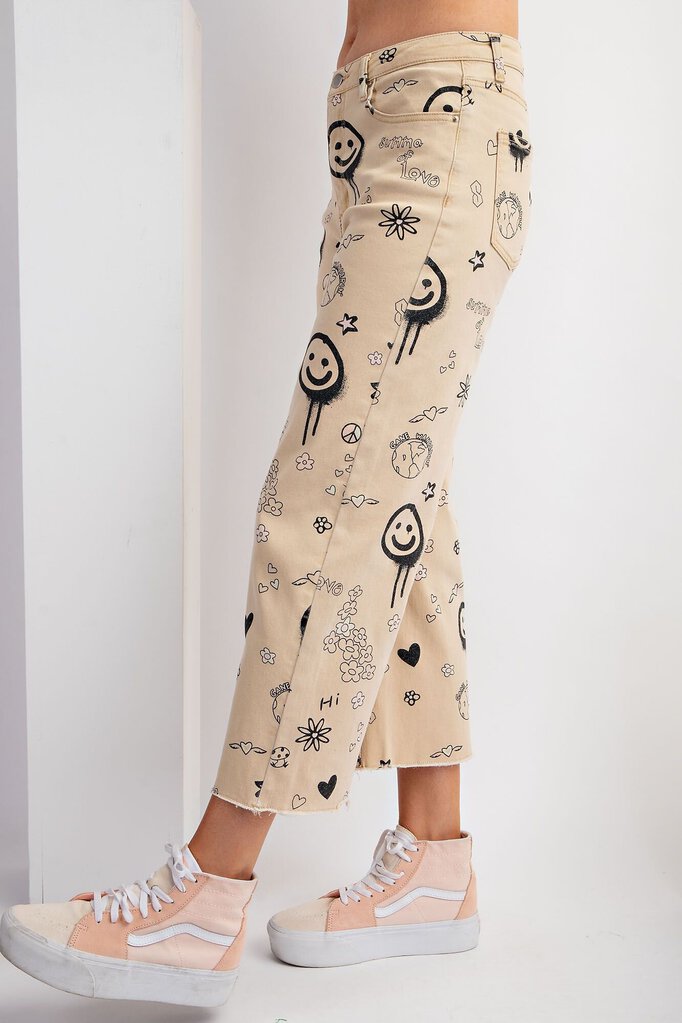 EASEL Tan Wide Leg Stretch Denim Printed Jean