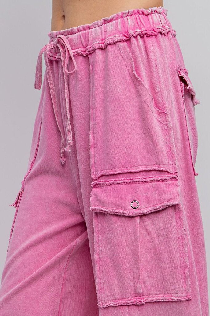 EASEL BUBBLE GUM PINK MINERAL WASH COTTON CARGO PANT