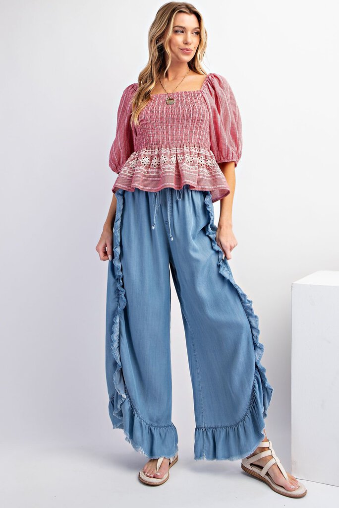 EASEL Light Wash Loose Fit Ruffle Pant