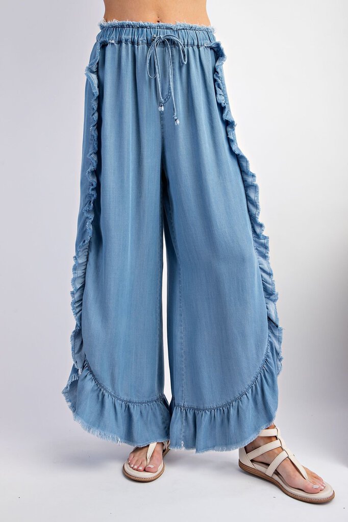 EASEL Light Wash Loose Fit Ruffle Pant