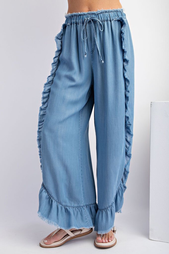 EASEL Light Wash Loose Fit Ruffle Pant