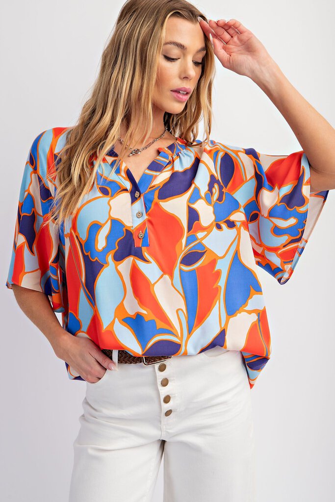 EASEL Orange Blue Mix Print Short Sleeve Split Neck Top