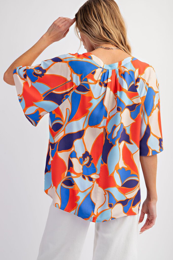 EASEL Orange Blue Mix Print Short Sleeve Split Neck Top