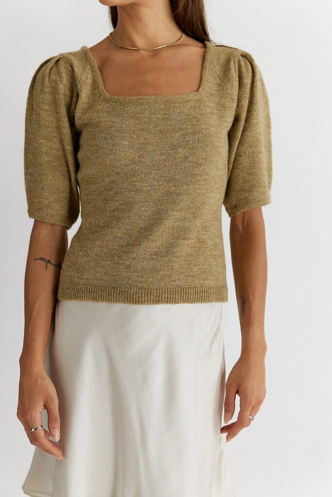 ALLROW Washed Mustard Square Neck Short Sleeve Crop Sweater