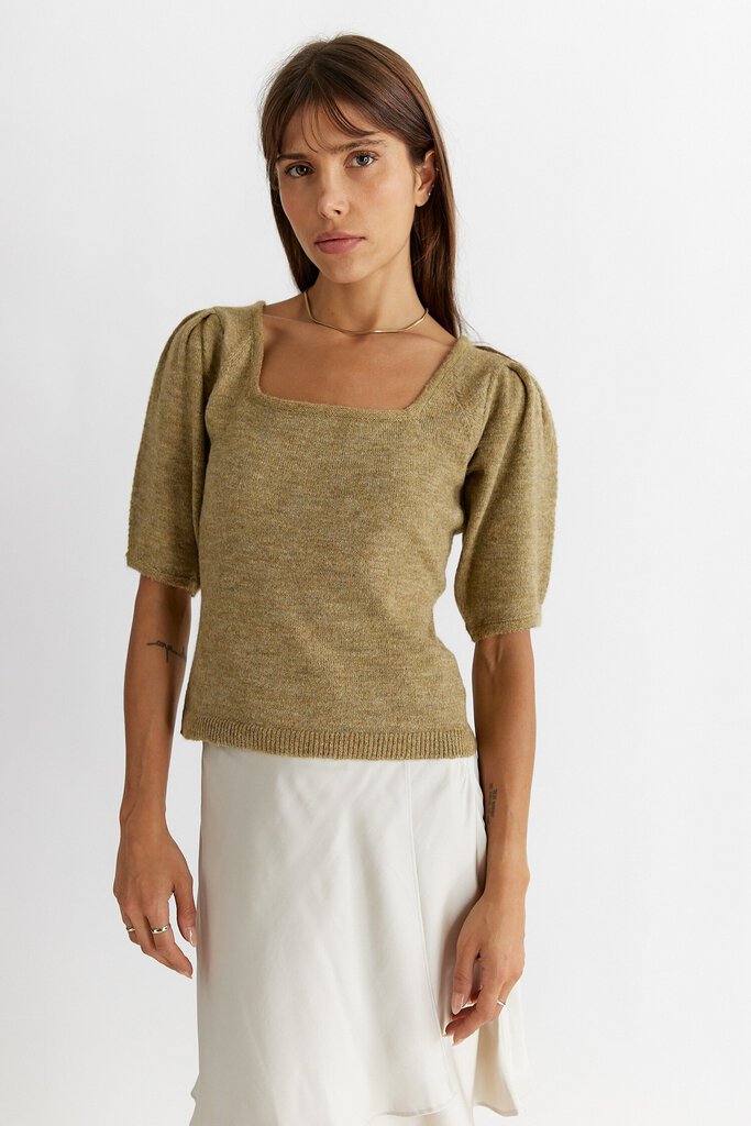 ALLROW Washed Mustard Square Neck Short Sleeve Crop Sweater