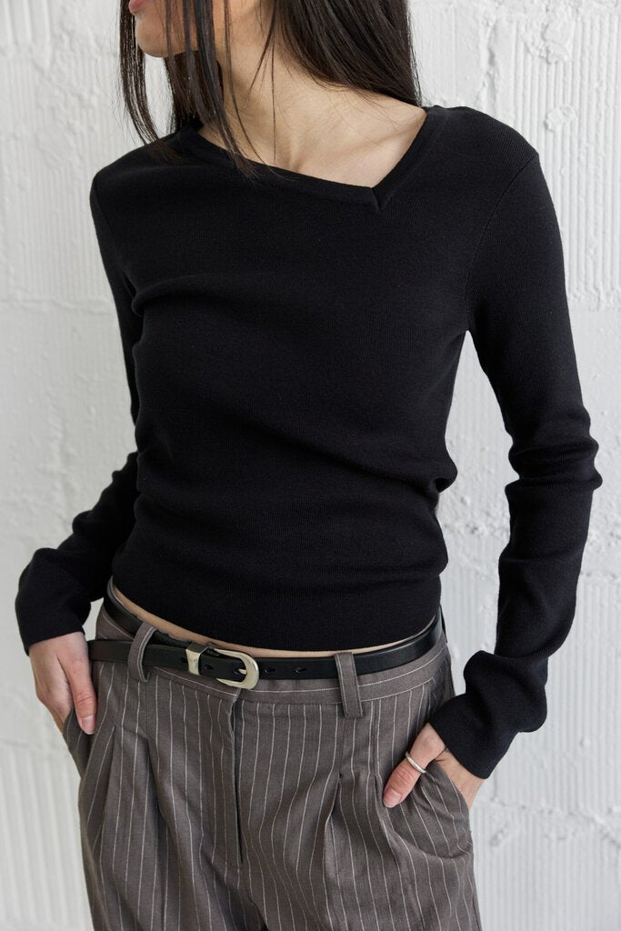 ALLROW BLACK ASYMMETRICAL NECKLINE LONG SLEEVE KNIT TOP