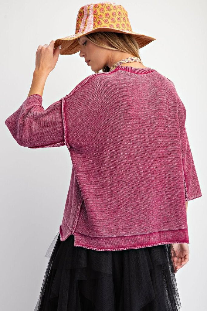 EASEL Boysenberry Mid Sleeve Mineral Washed Knit Sweater Top