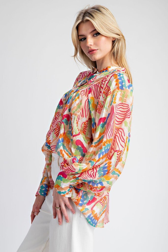 EESOME LOS ANGELES Pink and Multi Long Sleeve Button Down Top