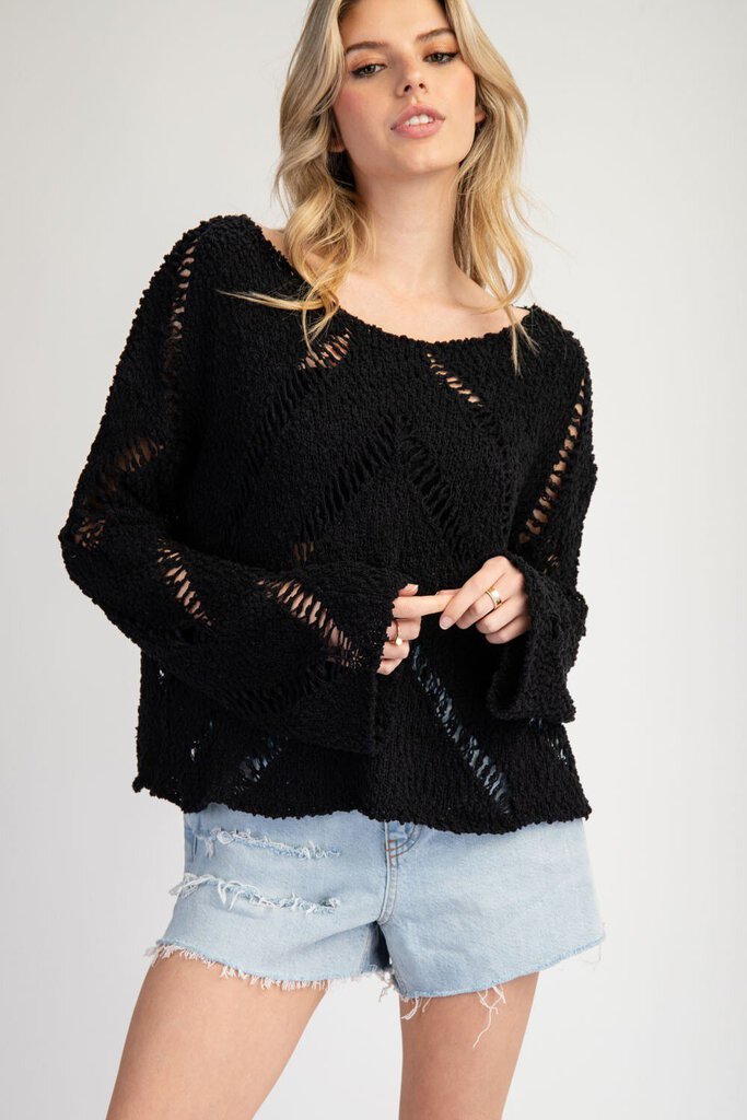 EESOME LOS ANGELES Black Open Crochet Long Sleeve Sweater Top