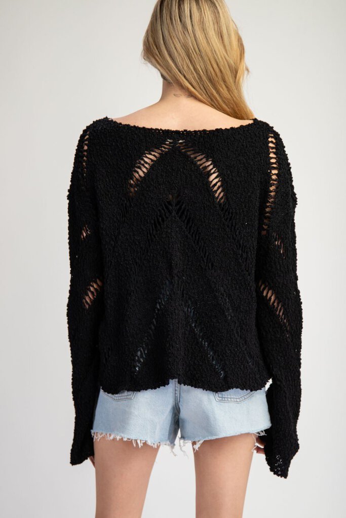 EESOME LOS ANGELES Black Open Crochet Long Sleeve Sweater Top