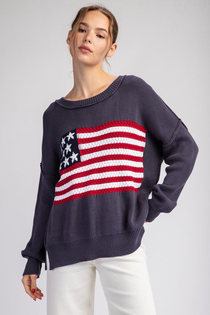 EESOME LOS ANGELES Navy Cotton Long Sleeve Sweater Top with American Flag