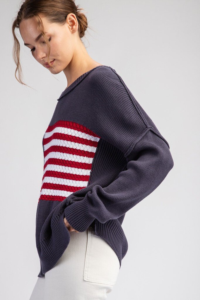 EESOME LOS ANGELES Navy Cotton Long Sleeve Sweater Top with American Flag