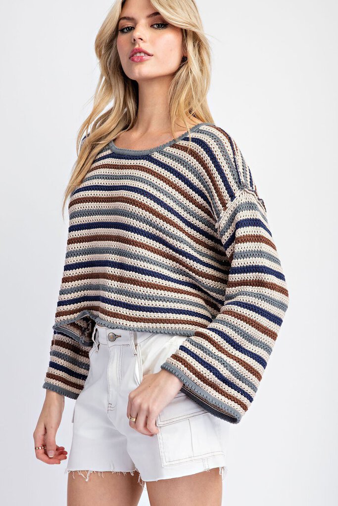 EESOME LOS ANGELES Cotton Tan and Multi Stripe Crochet Sweater Top