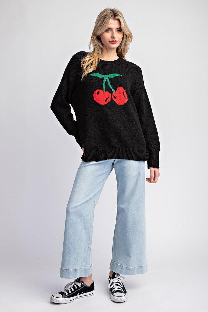 EESOME LOS ANGELS Black Long Sleeve Distressed Sweater with Cherries