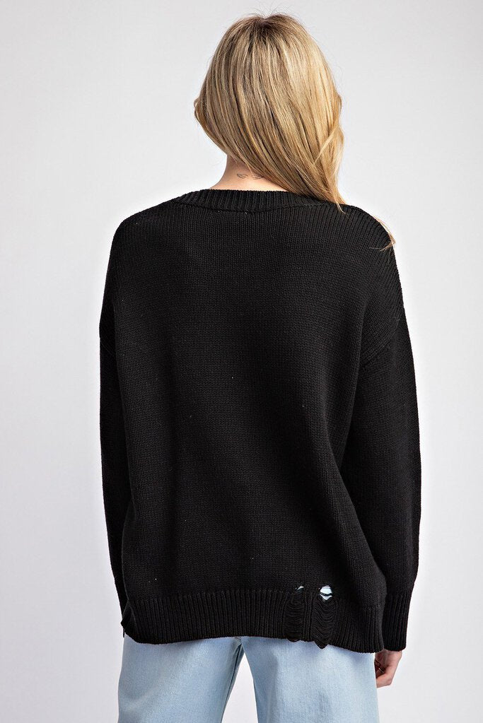 EESOME LOS ANGELS Black Long Sleeve Distressed Sweater with Cherries