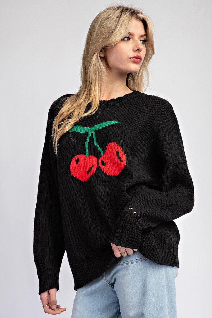 EESOME LOS ANGELS Black Long Sleeve Distressed Sweater with Cherries