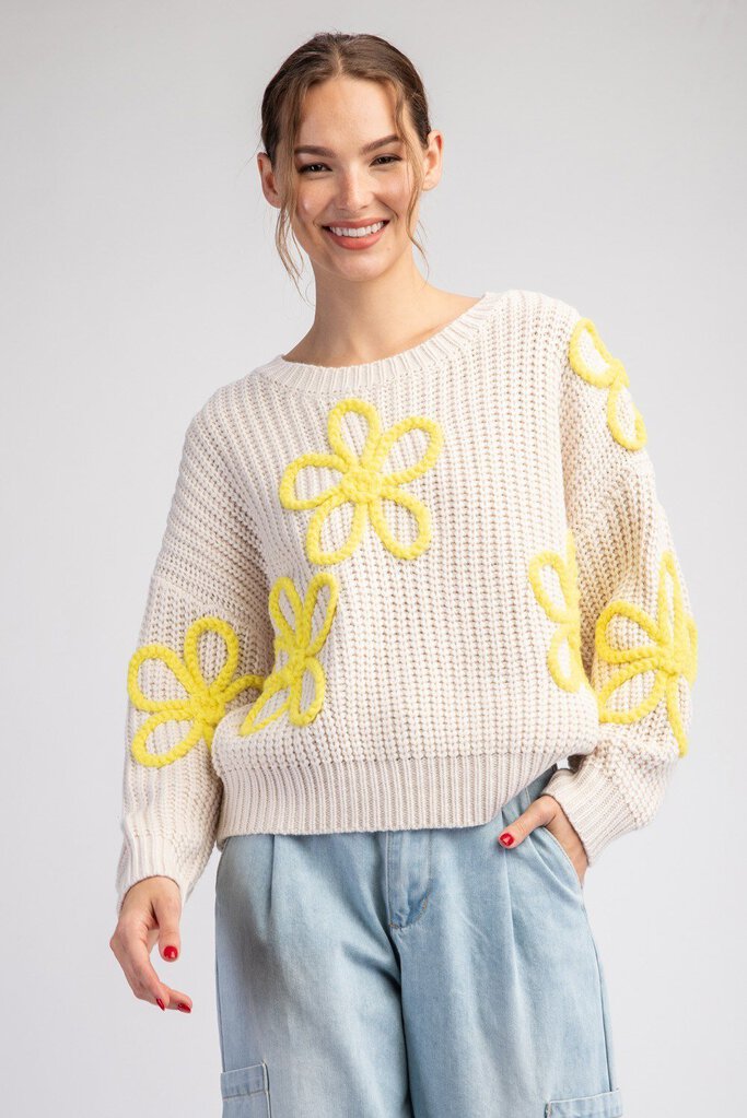 EESOME LOS ANGELES Cream with Yellow Stiched Flower Long Sleeve Sweater Top