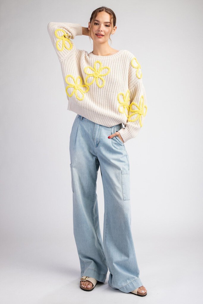 EESOME LOS ANGELES Cream with Yellow Stiched Flower Long Sleeve Sweater Top