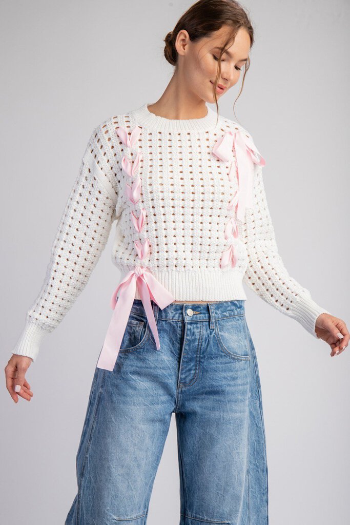 EESOME LOS ANGELES Off White Crochet Sweater Top with Pink Ribbon