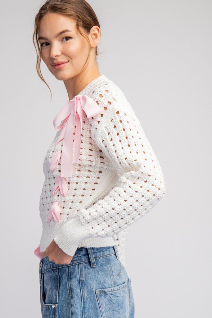 EESOME LOS ANGELES Off White Crochet Sweater Top with Pink Ribbon