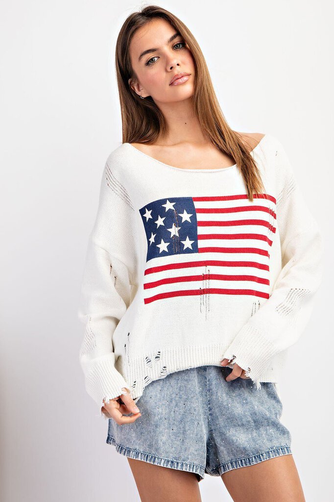 EESOME Ivory Long Sleeve Distress Sweater with American Flag