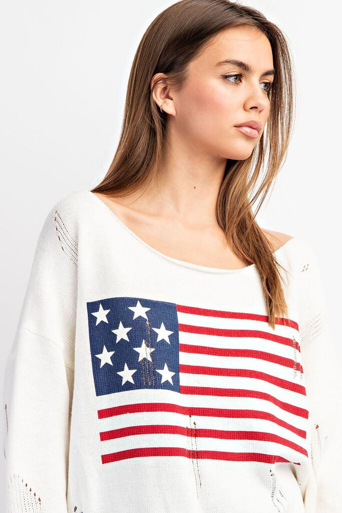 EESOME Ivory Long Sleeve Distress Sweater with American Flag