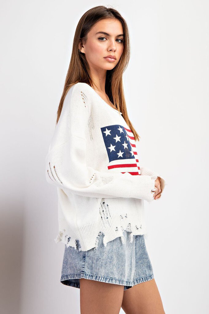 EESOME Ivory Long Sleeve Distress Sweater with American Flag