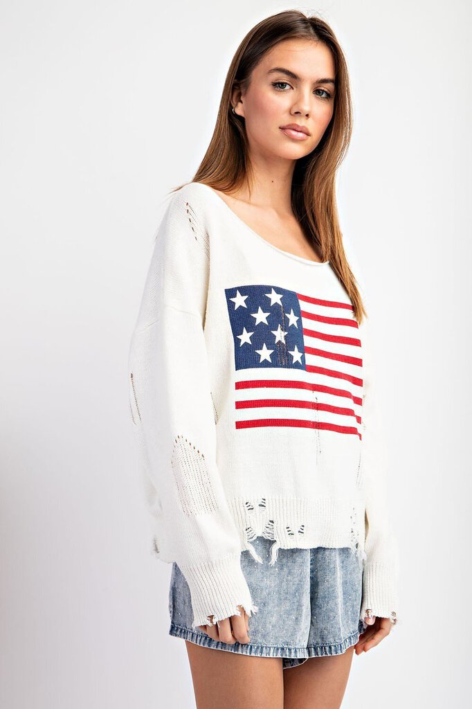 EESOME Ivory Long Sleeve Distress Sweater with American Flag