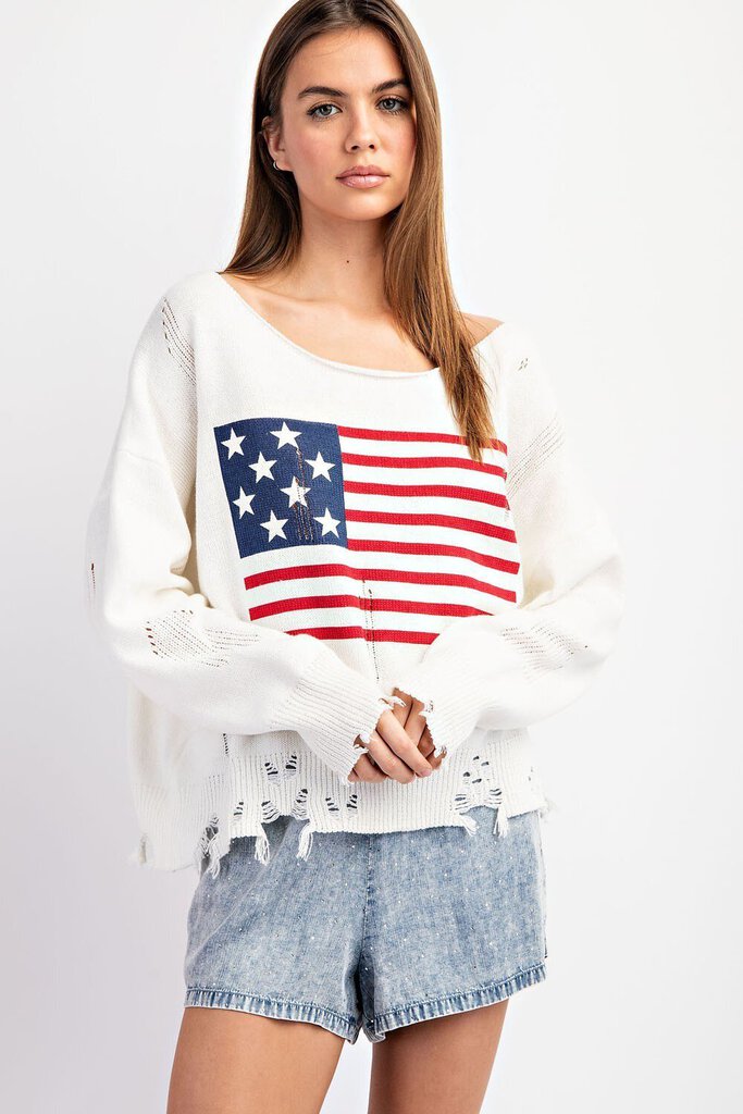 EESOME Ivory Long Sleeve Distress Sweater with American Flag