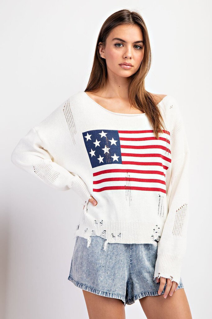 EESOME Ivory Long Sleeve Distress Sweater with American Flag