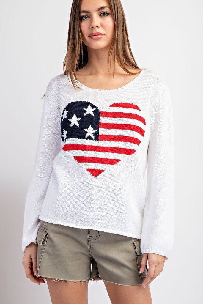 EESOME White Cotton Heart American Flag Long Sleeve Sweater