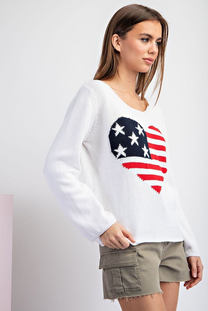 EESOME White Cotton Heart American Flag Long Sleeve Sweater