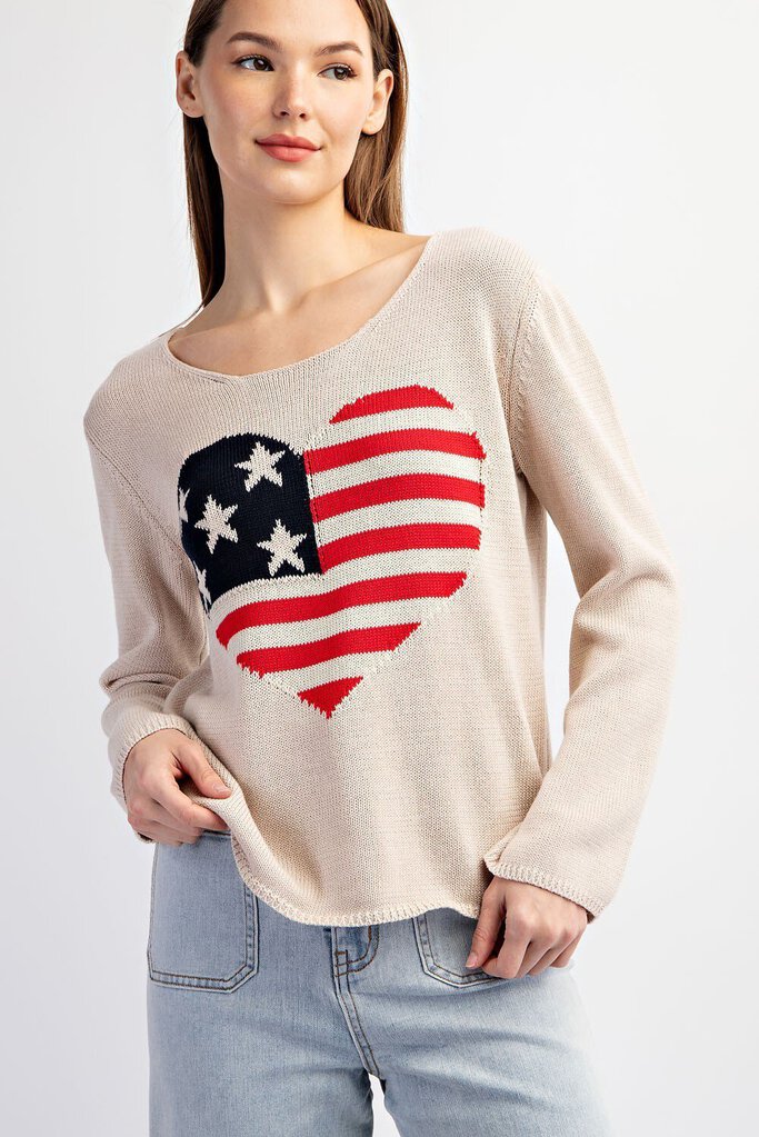 EESOME Oatmeal Cotton Heart American Flag Long Sleeve Sweater