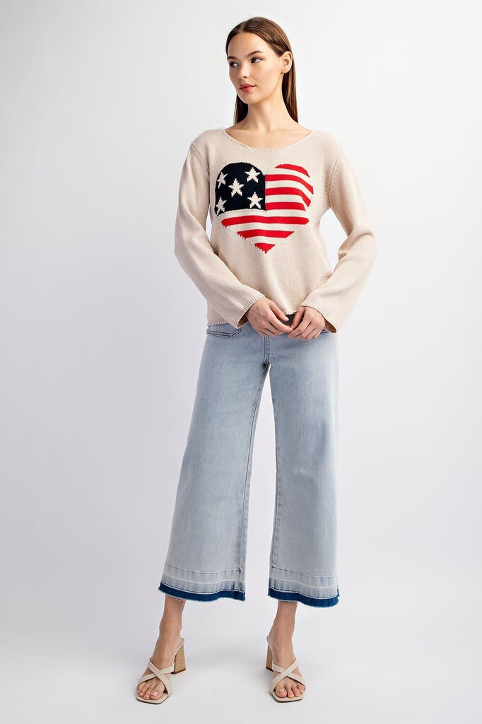 EESOME Oatmeal Cotton Heart American Flag Long Sleeve Sweater