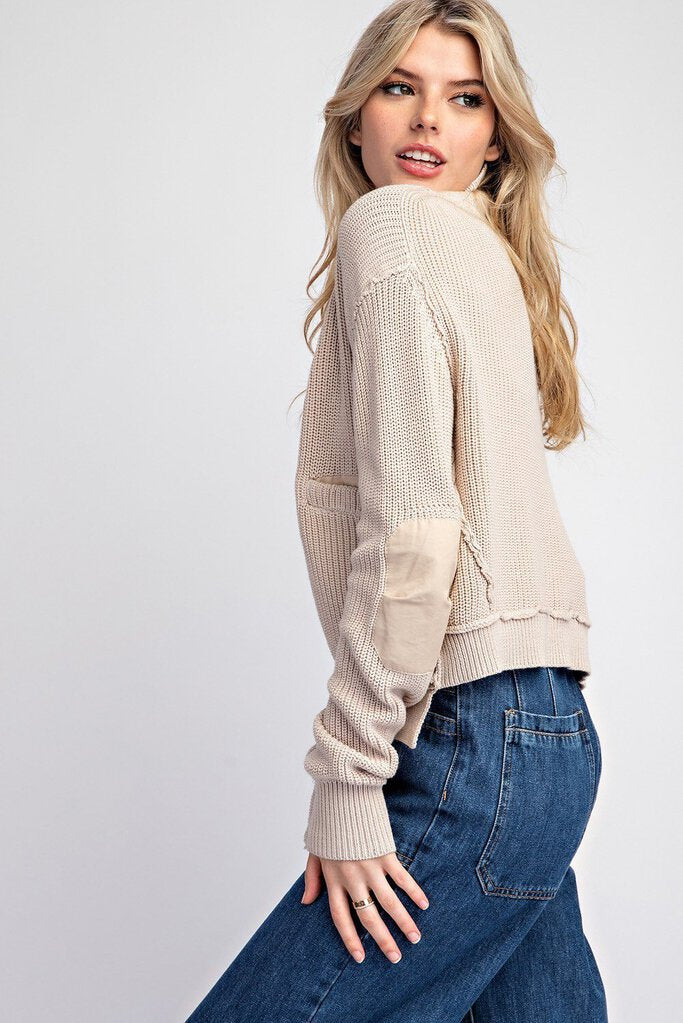 EESOME Oatmeal Elbow Patch Long Sleeve Open Face Cardigan Sweater