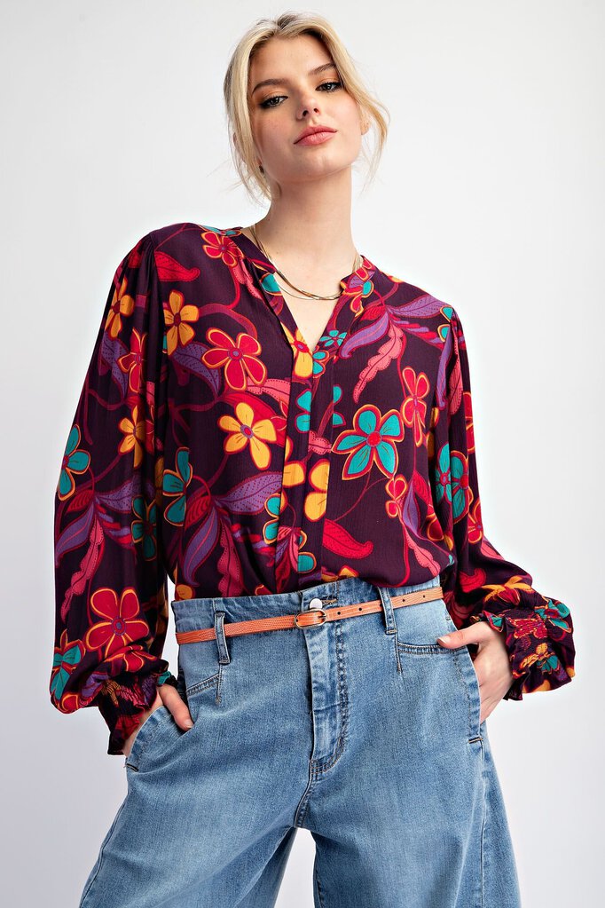 EASEL Eggplant and Multi Floral Long Sleeve Rayon Gauze Top