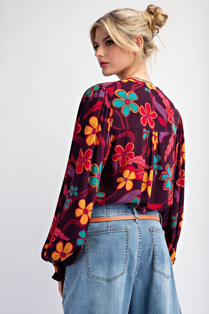 EASEL Eggplant and Multi Floral Long Sleeve Rayon Gauze Top