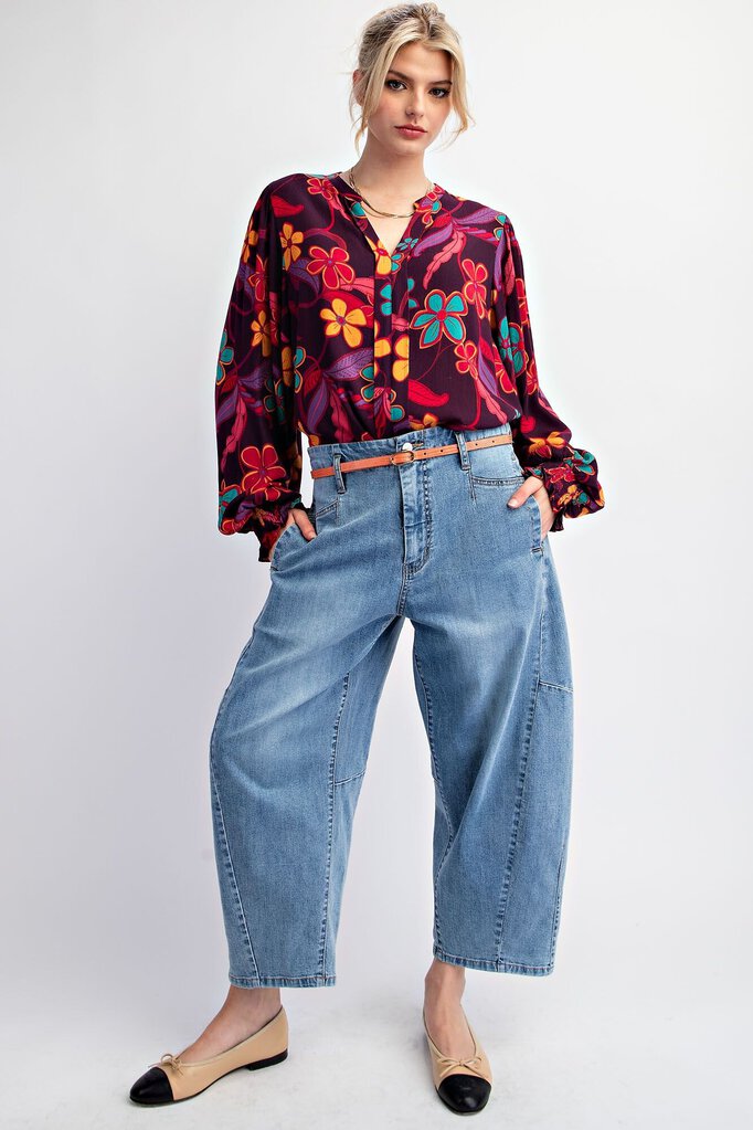 EASEL Eggplant and Multi Floral Long Sleeve Rayon Gauze Top